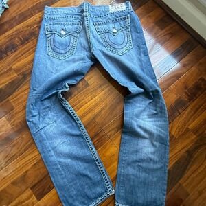 True Religion Mens Big T Burgundy Slim Flap N Straight Leg Jeans Blue Size 40